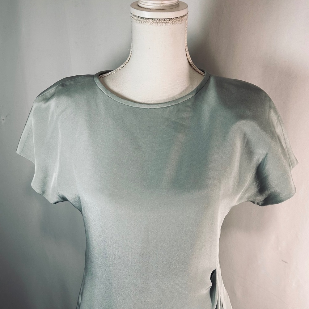 Linda Allard Ellen Tracy Silk Sheath Dress Sage Green Side Drape Size 2 - Picture 2 of 9